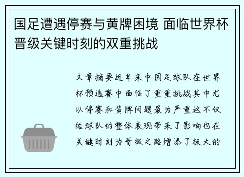 国足遭遇停赛与黄牌困境 面临世界杯晋级关键时刻的双重挑战 国足遭遇停赛与黄牌困境 面临世界杯晋级关键时刻的双重挑战